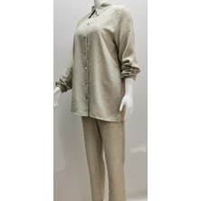 Alinda / Ttş Ayrobin Keten Kumaş Kolları Taşlı Gömlek Yaka Salaş Tunik Takım