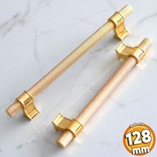 Badem10 Hisar Altın Gold Metal Kulp 128 mm Tırtıklı Desen Mobilya Çekmece Mutfak Dolabı Dolap Kulpları Kulbu