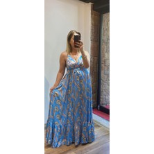 Alya NS Butik Ince Askılı Kuşaklı Maxi Boy Saten Elbise Mavi