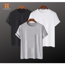 Need Life Erkek 3 Lü Paket %100 Pamuk Rahat Kalıp Likralı Siyah-Beyaz-Gri Renkli Basic T-Shirt