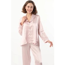 Kadın Pudra Saten Çeyiz Seti 6 Parça Beyaz Biyeli Sabahlık Gecelik Pijama Şortlu Takım 8630