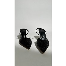 Eataly Shoes Pearly Siyah Suni Inci Detaylı Arkası Açık Topuklu Ayakkabı