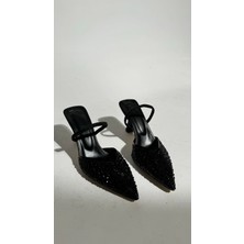 Eataly Shoes Pearly Siyah Suni Inci Detaylı Arkası Açık Topuklu Ayakkabı