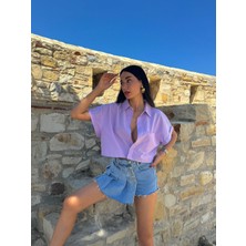 Minaaise Lila Oversize Kısa Kollu Kısa Pamuk Gömlek 27311