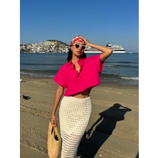 Minaaise Fuşya Oversize Kısa Kollu Kısa Pamuk Gömlek 27311