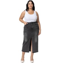 Disentis Modest Büyük Beden Önden Yırtmaç Detaylı Beş Cepli Midi Denim Antrasit Etek