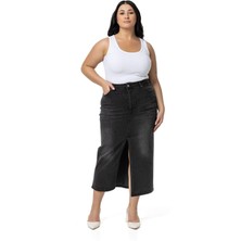 Disentis Modest Büyük Beden Önden Yırtmaç Detaylı Beş Cepli Midi Denim Siyah Etek