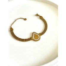 Demokan Kadın Çelik Bileklik Taş Detay Tuğra Hasır Zincir Kararmaz Bileklik