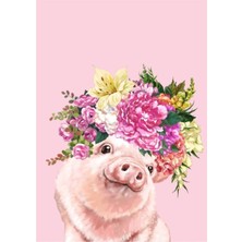 Jeronkarji Pembe Tablo Ahşap Poster Dekoratifnda Çiçek Tacı Bebek Domuz