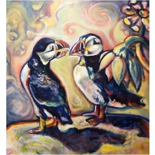 Jeronkarji Puffin Çifti Tablo Ahşap Poster Dekoratif