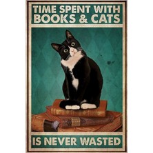 Jeronkarji Kara Kedi Kitap ve Çay ile Harcanan Zaman Tablo Ahşap Poster Dekoratif