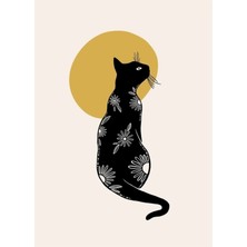 Jeronkarji Çiçekli Kara Kedi ve Ay Tablo Ahşap Poster Dekoratif