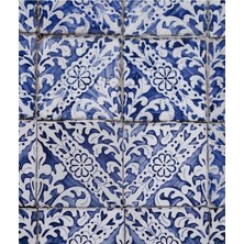 Jeronkarji Portekiz Fayans Deseni - Azulejo Mavi ve Beyaz Çiçekli Yaprak Tasarımı Tablo Ahşap Poster Dekoratif