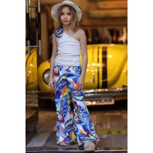 Riccotarz Kız Çocuk Gül Detaylı Tek Omuzlu Kaşkorse Bluz ve Dijital Baskılı Mavi Alt Üst Takım