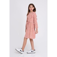 LuiKids Kız Çocuk Fırfırlı Kuşaklı Kolu Lastikli Çiçek Desenli Elbise