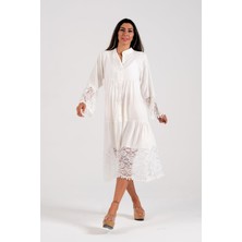 Keyifli Moda Kadın Beyaz Önden Düğmeli Kolları ve Eteği Dantelli Ponponlu Midi Elbise