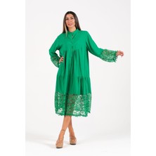 Keyifli Moda Kadın Yeşil Önden Düğmeli Kolları ve Eteği Dantelli Ponponlu Midi Elbise