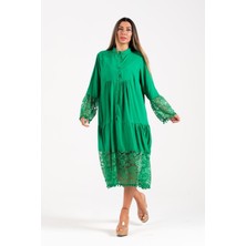 Keyifli Moda Kadın Yeşil Önden Düğmeli Kolları ve Eteği Dantelli Ponponlu Midi Elbise