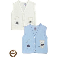 Miniel Unisex Bebek Mantarlı Ayıcık Nakışlı Organik Pamuklu 3-6-9 Ay 2li Kapitone Bebek Yelek