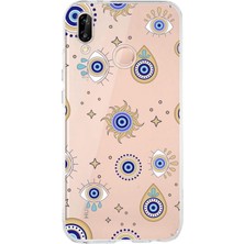 Printify Huawei P20 Lite ile Uyumlu 1mm Slim Fit Nazar Boncuğu 5 Baskılı Şeffaf Silikon Kılıf