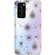 Printify Huawei P40 ile Uyumlu 1mm Slim Fit Nazar Boncuğu 5 Baskılı Şeffaf Silikon Kılıf