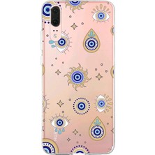 Printify Huawei P20 Lite ile Uyumlu 1mm Slim Fit Nazar Boncuğu 5 Baskılı Şeffaf Silikon Kılıf