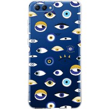 Printify Huawei Honor View 10 ile Uyumlu 1mm Slim Fit Nazar Boncuğu 2 Baskılı Şeffaf Silikon Kılıf