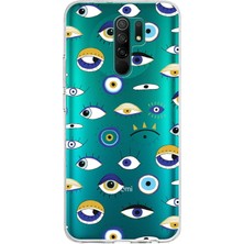Printify Xiaomi Redmi 9 ile Uyumlu 1mm Slim Fit Nazar Boncuğu 2 Baskılı Şeffaf Silikon Kılıf