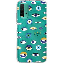 Printify Xiaomi Redmi 9t ile Uyumlu 1mm Slim Fit Nazar Boncuğu 2 Baskılı Şeffaf Silikon Kılıf