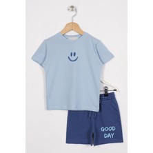 Zepkids Smile Baskılı Arkası Yazı Baskılı  Buzmavi Renk Erkek Çocuk Kaprili Takım