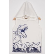 Zepkids Trex Baskılı Kapüşonlu Sıfır Kol Ekru Renk Erkek Çocuk Tshirt