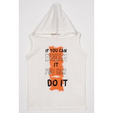 Baskılı Kapüşonlu Sıfır Kol Ekru Renk Erkek Çocuk Tshirt