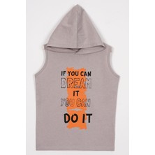 Baskılı Kapüşonlu Sıfır Kol Taş Renk Erkek Çocuk Tshirt