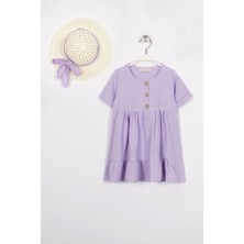 Düğme Detaylı Fırfırlı Şapkalı Lila Renk Kız Çocuk Elbise
