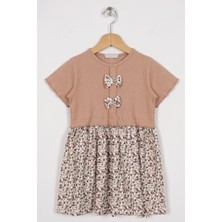 Önü Patlı Çiçek Desenli Bej Renk Kız Çocuk Elbise