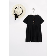Düğme Detaylı Fırfırlı Şapkalı Siyah Renk Kız Çocuk Elbise
