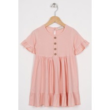 Bisiklet Yaka Kısa Kol Fırfırlı Dugmelı Pudra Renk Kız Çocuk Elbıse