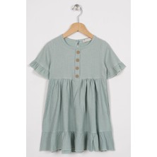 Bisiklet Yaka Kısa Kol Fırfırlı Dugmelı Mint Renk Kız Çocuk Elbıse