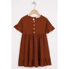 Bisiklet Yaka Kısa Kol Fırfırlı Dugmelı Kahverengi Renk Kız Çocuk Elbıse