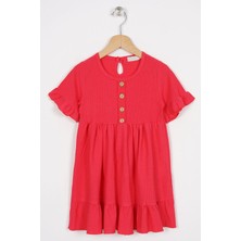Zepkids Bisiklet Yaka Kısa Kol Fırfırlı Dugmelı Fuşya Renk Kız Çocuk Elbıse