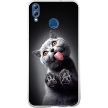 Printify Huawei Honor 8x ile Uyumlu 1mm Slim Fit Kedi 2 050C Baskılı Şeffaf Silikon Kılıf