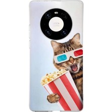 Printify Huawei Mate 40 Pro ile Uyumlu 1mm Slim Fit Kedi 2 050B Baskılı Şeffaf Silikon Kılıf