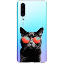 Printify Huawei P30 ile Uyumlu 1mm Slim Fit Kedi 3 050D Baskılı Şeffaf Silikon Kılıf