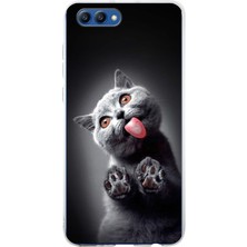 Printify Huawei Honor View 10 ile Uyumlu 1mm Slim Fit Kedi 2 050C Baskılı Şeffaf Silikon Kılıf