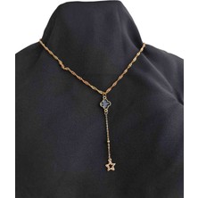Accessories Siyah Yoncalı,yıldızlı, Tek Zincir Pirinç  Kaplama Kolye