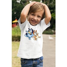 Fuddy Moda Bluey ve Bingo Baskılı Çocuk Tişört, Unisex Çizgi Film Baskılı Bebek T-Shirt