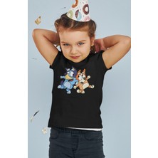Fuddy Moda Bluey ve Bingo Baskılı Çocuk Tişört, Unisex Çizgi Film Baskılı Bebek T-Shirt