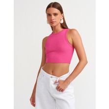 Dilvin 20820 Dikiş Efektli Crop Top-Fuşya