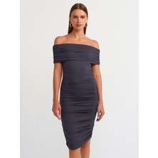 Dilvin 91153 Omuzları Açık Büzgülü Elbise-Antrasit