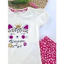 Bonboner Kids Kız Çocuk Tayt Tişort Ikili Takım Kedicik ve Tavşan Baskılı Tarz Tişort Leopar Pembe Mavi Renkler